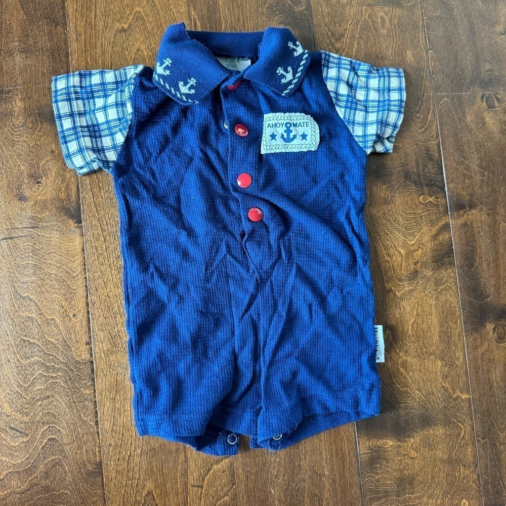 Healthtex Baby Boy Blue Nautical Anchor Romper Plaid Sleeves Ahoy Mate 12M